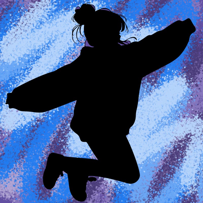 realistic girl jumping with a bun and oversized sweatshirt