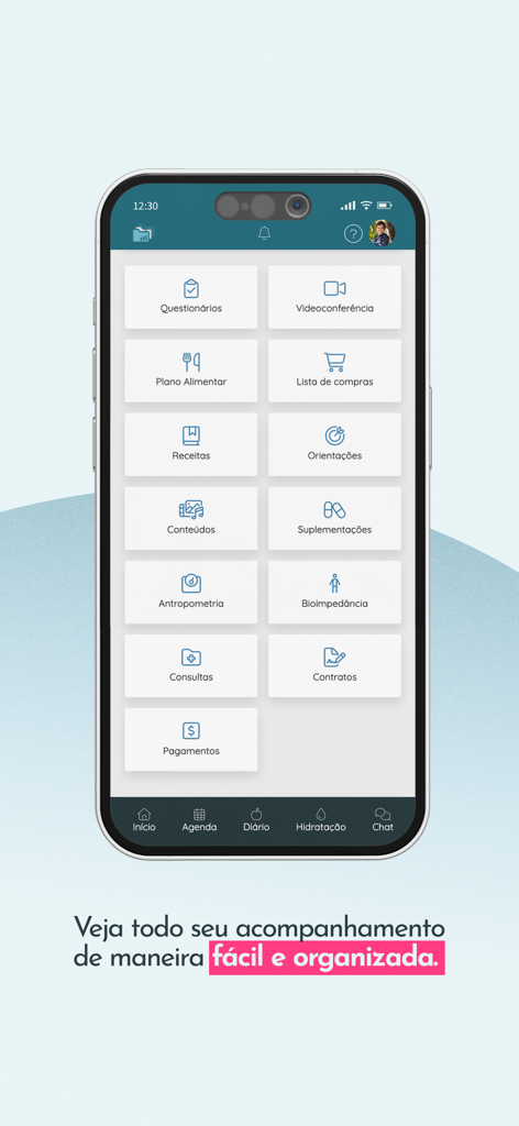 Numax App-Dashboard mit Symbolen für Ernährungspläne, Termine und Patientenmanagement.