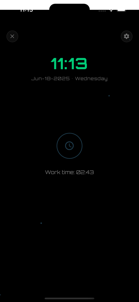 uSagI Eyes Protect - Una interfaz de pantalla oscura de la aplicación uSagI Eyes Protect que muestra un reloj digital y un temporizador de duración de trabajo para el monitoreo de la salud ocular