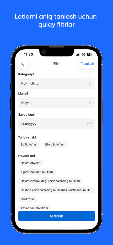 e-auksion - Interface do aplicativo móvel mostrando filtros de busca para leilões de imóveis e ativos com categorias e locais.