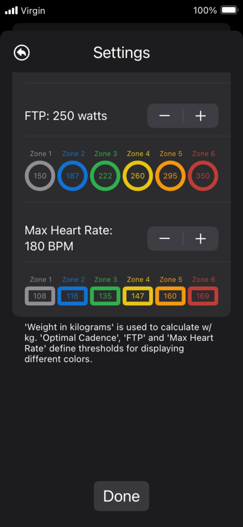 GearView - Settings interface for configuring FTP and heart rate zones in the GearView app