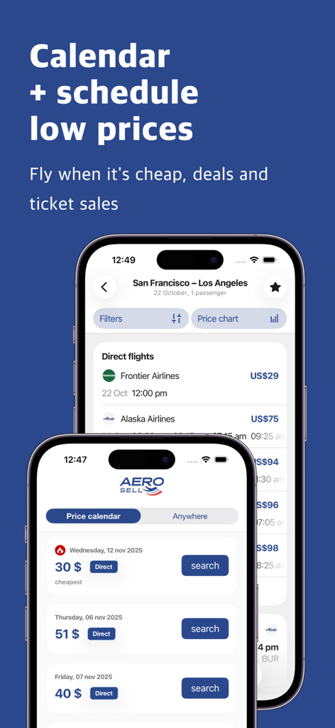 AeroSell - Cheap Flights Avia - 低価格のフライトカレンダーとチケット検索結果を表示するAeroSellアプリのインターフェース