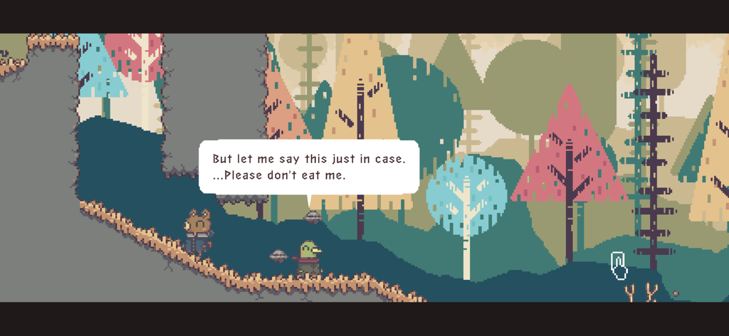 A pixel art screenshot of BOKURA showing two animal characters in a forest with a speech bubble saying Please don't eat me