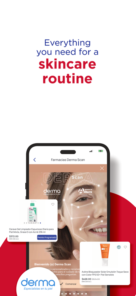 Farmacias Del Ahorro - Tela do aplicativo móvel mostrando a ferramenta de análise de pele Derma Scan e produtos recomendados para cuidados com a pele.