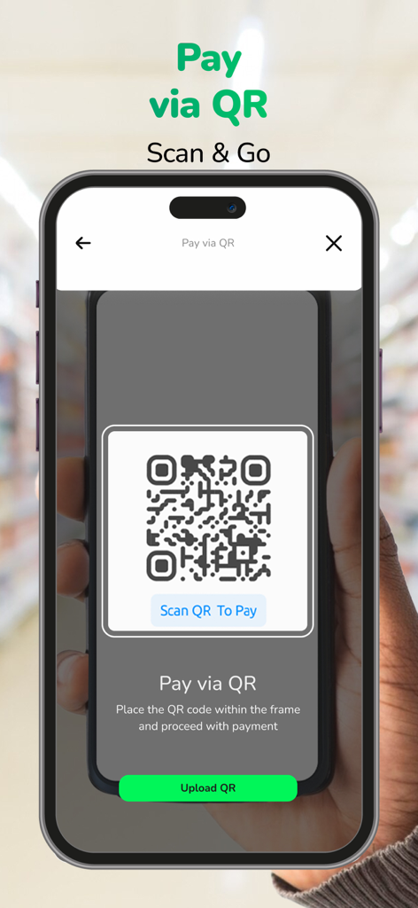 Pantalla de smartphone que muestra la interfaz de pago con código QR Scan and Go para la aplicación neo by Bank Audi