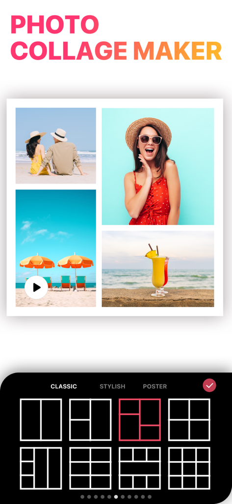 Photo collage maker app interface showing classic grid layouts and a summer vacation photo collage