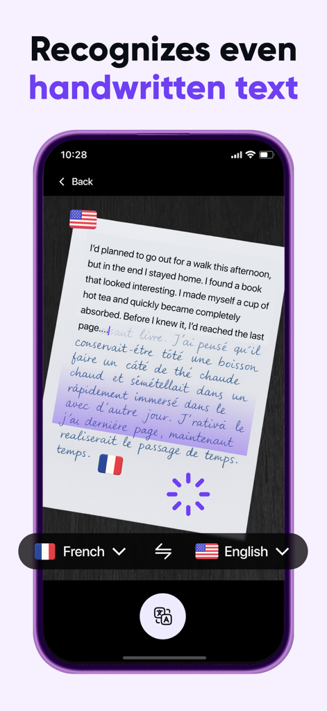 AI Translator: Voice & Photos - Screenshot of the AI Translator app translating handwritten French text into English on an iPhone