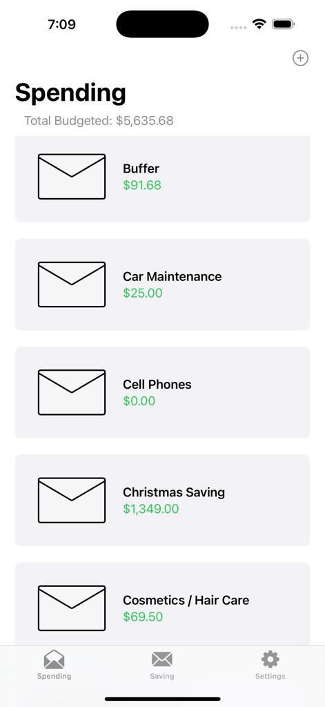 A digital list of budget envelopes for spending categories like car maintenance and holiday savings in the Simple Envelope Budgeting app