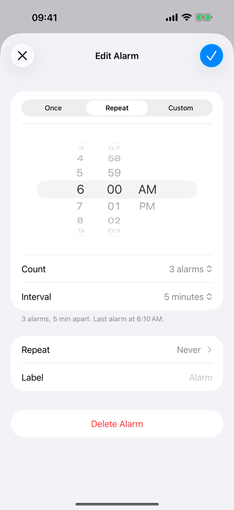 MultiAlarm – Group Your Alarms - Screen interface showing settings for a group of three alarms with five-minute intervals starting at six AM