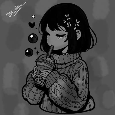 manga girl drinking boba in cozy sweater