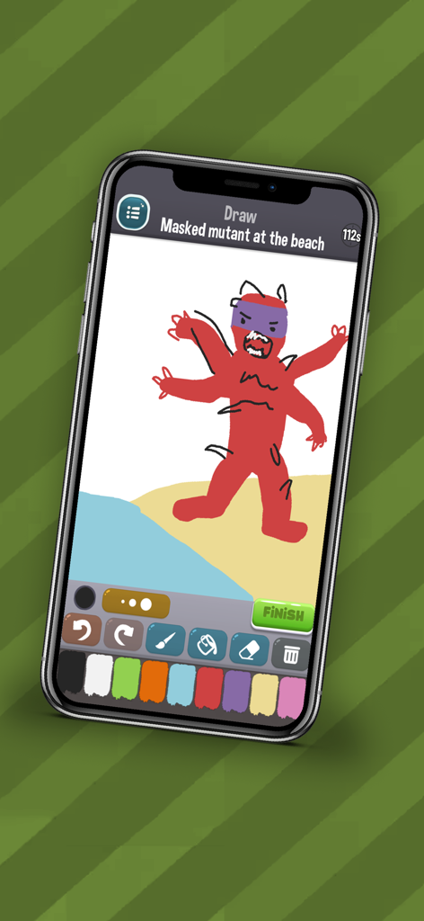 Mobile game interface of Drawing Phone showing a red multi armed mutant drawing on a beach background