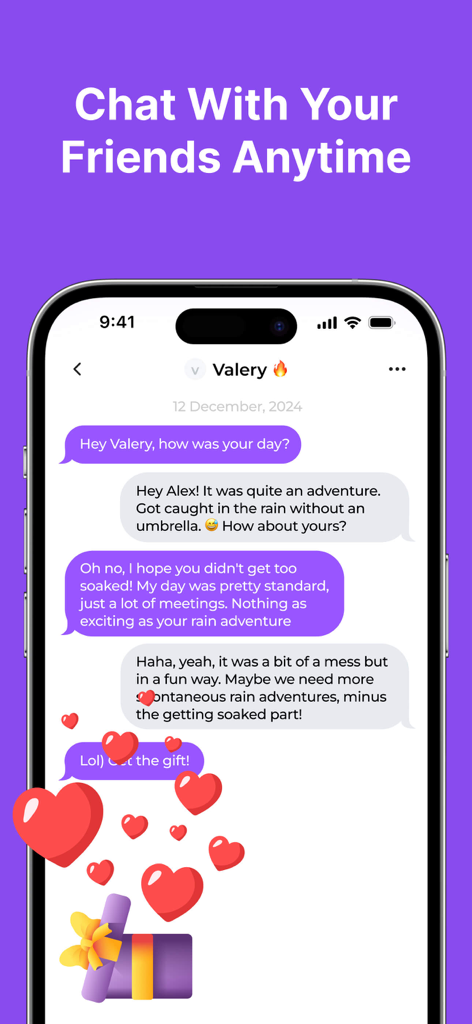 Parlor: The Social Talking App - Tela de chat do aplicativo Parlor mostrando uma conversa por mensagens entre dois amigos com emojis de coração e uma caixa de presente