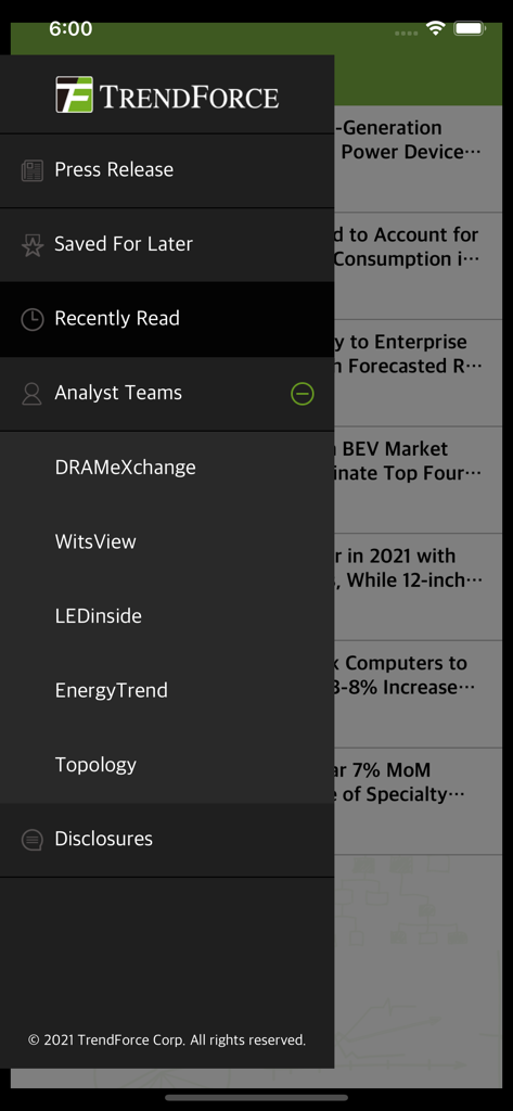 Side navigation menu of the TrendForce app displaying specialized research divisions such as DRAMeXchange and LEDinside.