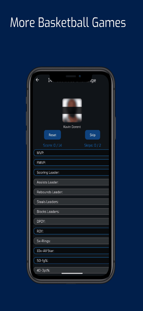Mini-Sports Games - Interface of a basketball trivia game showing a player challenge with categories like MVP and FMVP
