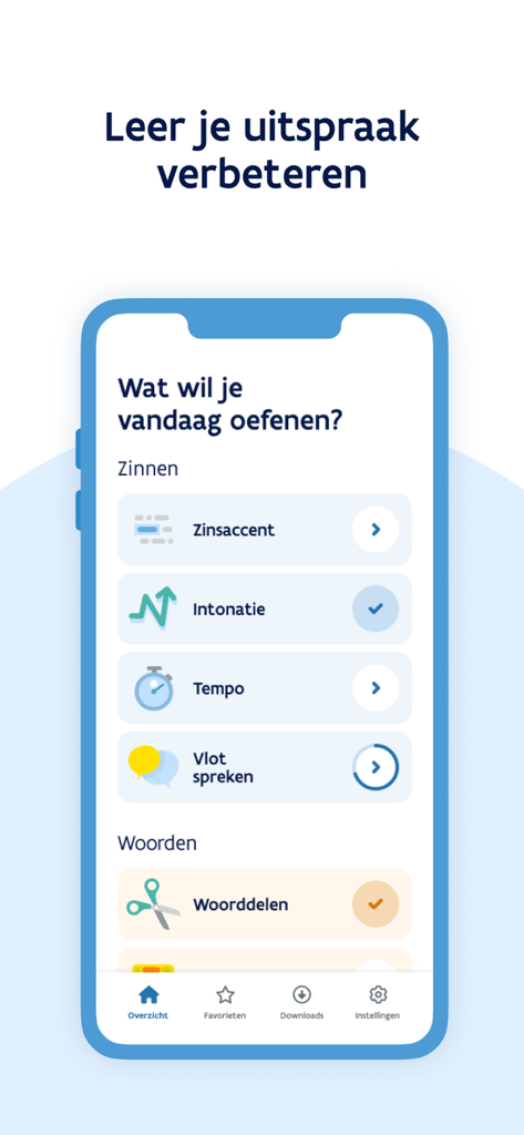VDAB Uitsprekend - Interfaz de la app VDAB Uitsprekend mostrando módulos de práctica de pronunciación del neerlandés