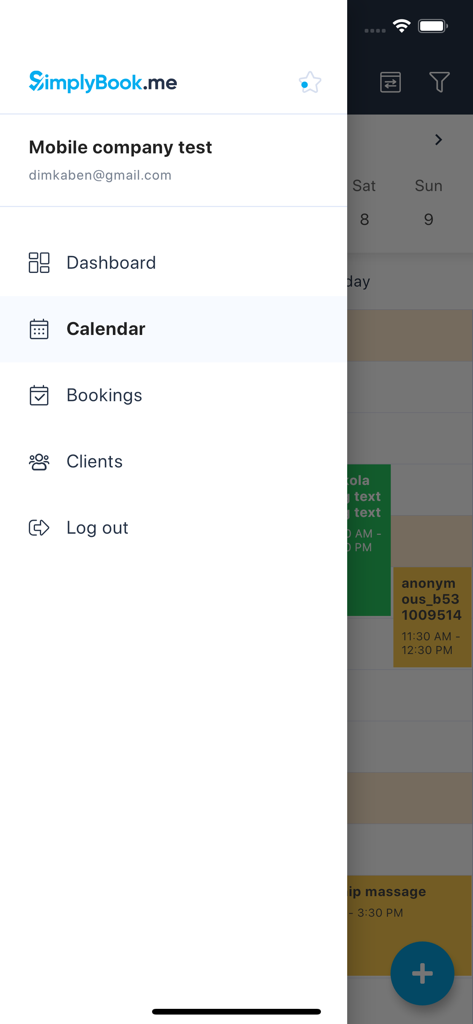 Seitenmenü der SimplyBook.me Admin-App mit Dashboard, Kalender, Buchungen und Kundenoptionen.
