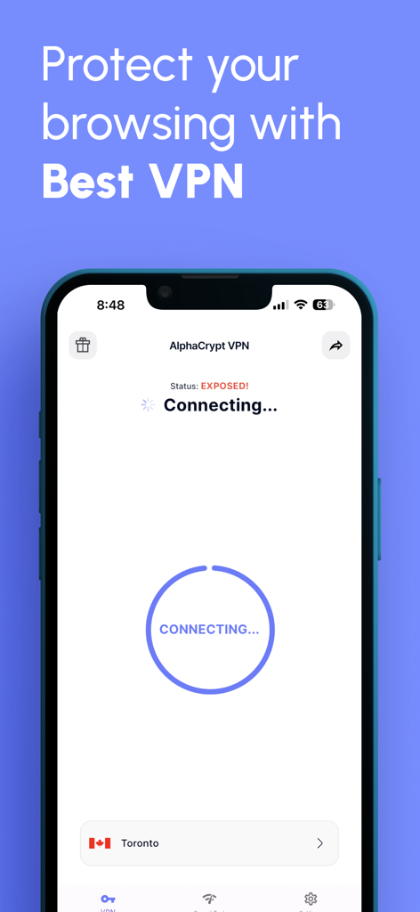 보안 브라우징을 위해 토론토 서버에 연결 중인 Fast VPN 앱의 iPhone 스크린샷