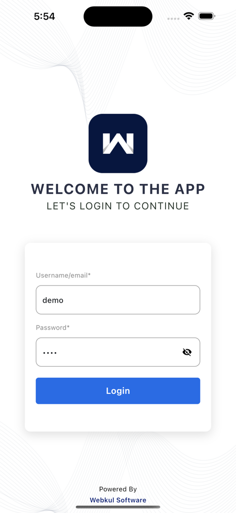 Pantalla de inicio de sesión para la aplicación Cliente ERP Móvil mostrando campos de nombre de usuario y contraseña