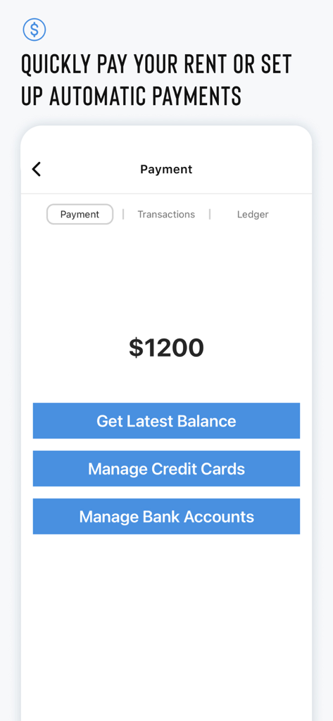 Resident Experience - Interface de paiement de l'application Expérience Résidentielle montrant le montant du loyer et les options pour gérer les cartes de crédit et les comptes bancaires