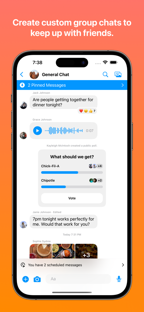 Flare - For Groups - iPhone screen showing a Flare group chat with text and poll features