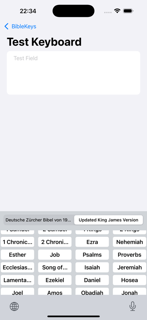 BibleKeys - BibleKeys app interface showing a custom keyboard with buttons for various Bible books like Psalms and Proverbs
