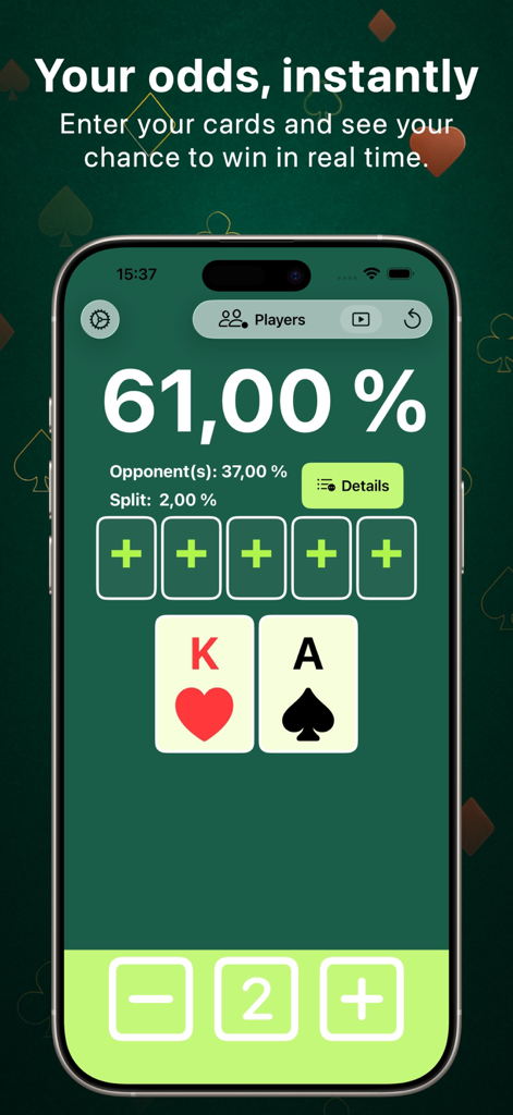 Poker Odds – Simulator - Interface de l'application Poker Odds Simulator montrant une probabilité de victoire de soixante et un pour cent pour une main As et Roi