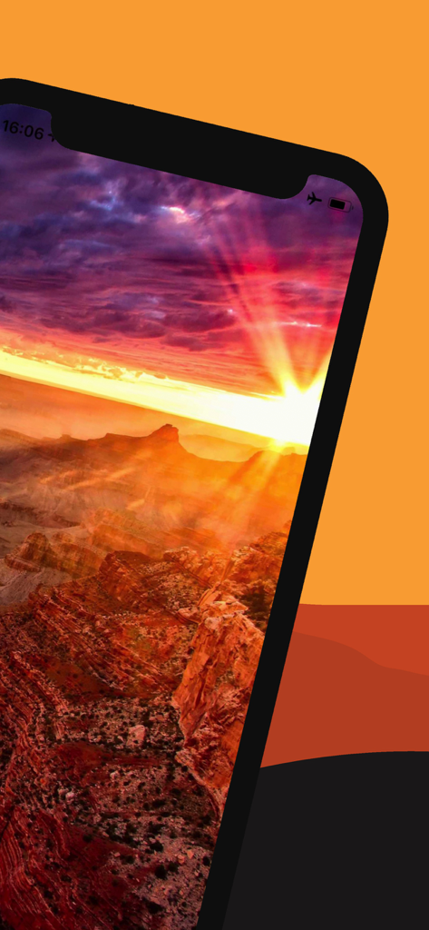 그랜드 캐니언 너머의 생생한 일몰을 보여주는 스마트폰 화면