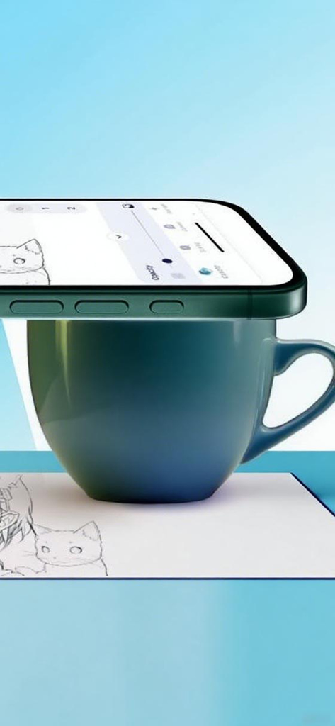 Smartphone balanced on a mug using the AR Drawing app to trace a cat character onto paper