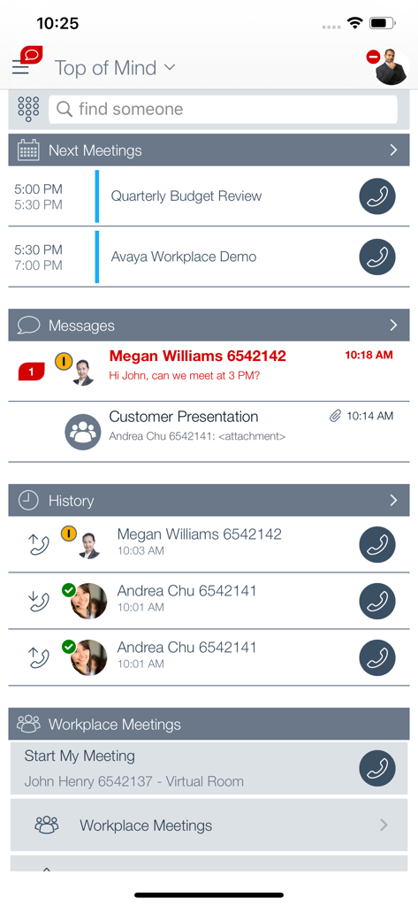 Avaya Workplace app dashboard displaying next meetings messages call history and a corporate directory search bar