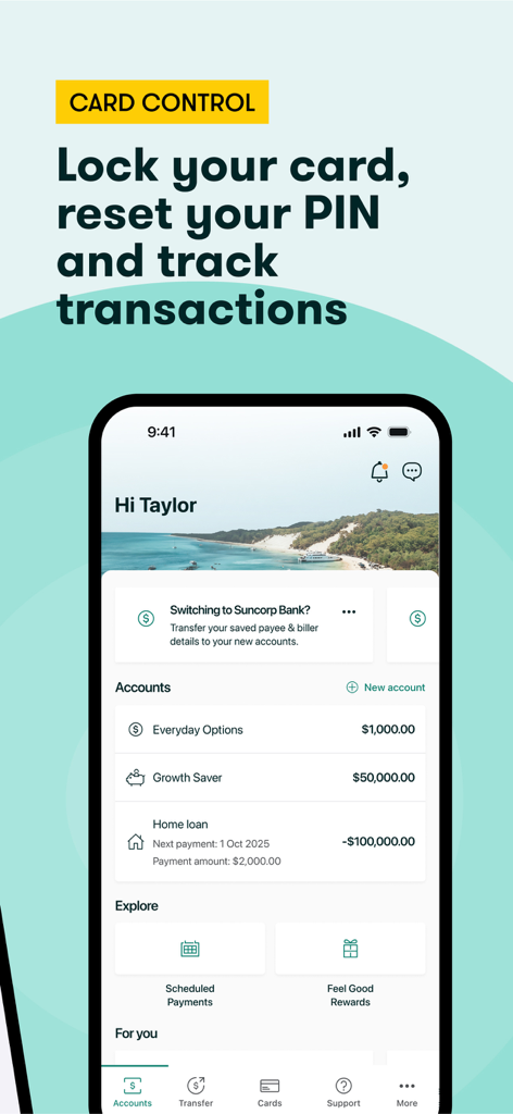 Suncorp Bank App - Suncorp Bank App dashboard displaying account balances and security features like card locking and PIN reset