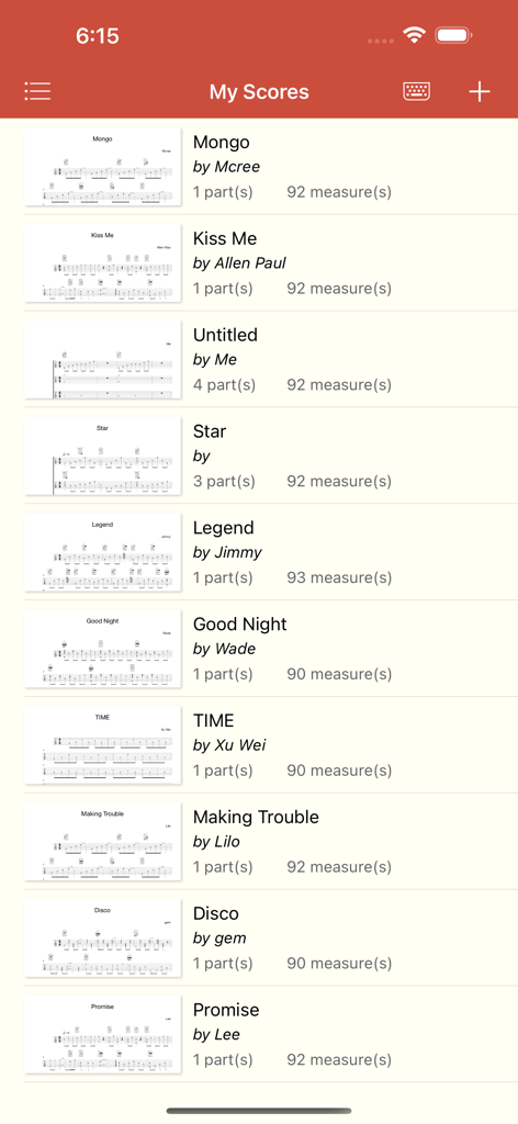 Guitar Notation Pro - Library view of musical scores in Guitar Notation Pro showing titles and authors.