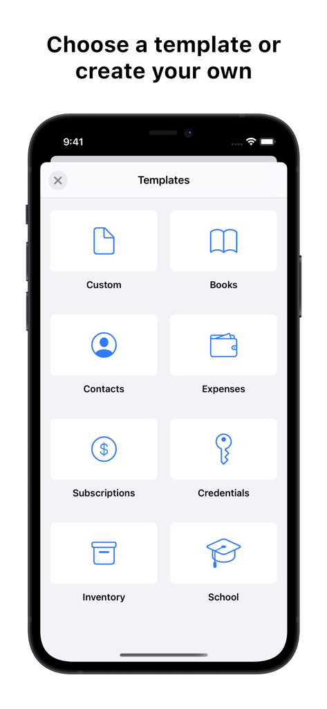 Collections Database - The Collections Database app showing available templates for books, expenses, inventory, and school management.