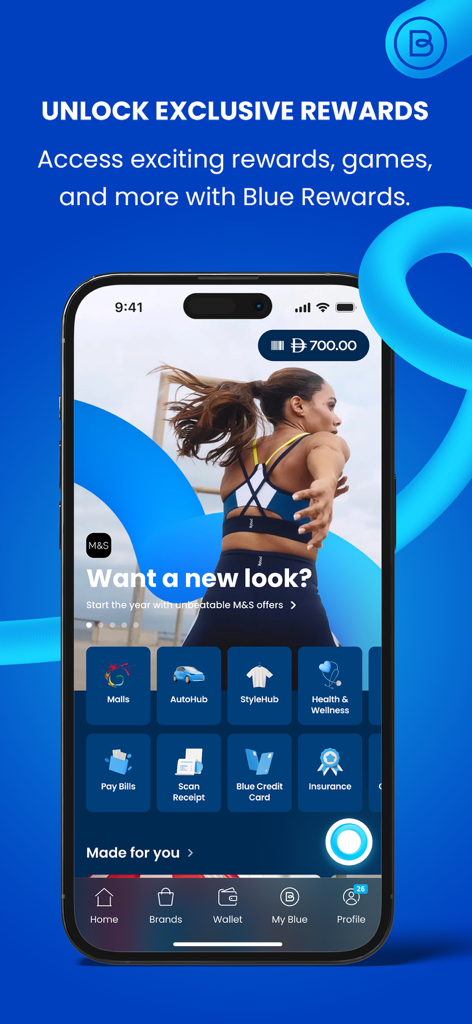 Screenshot of the Blue Rewards app home screen showing lifestyle categories and exclusive rewards