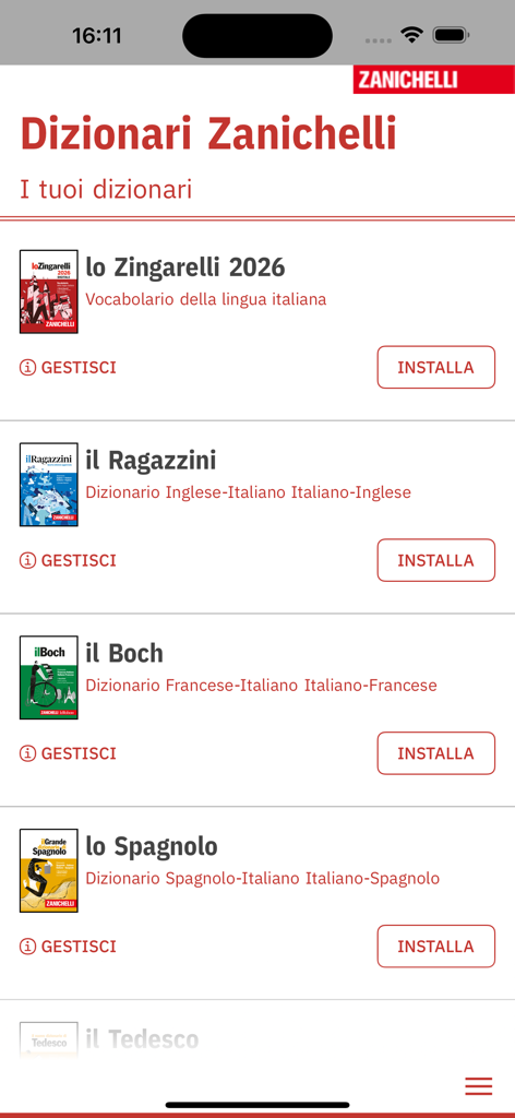 Interfaz que muestra una lista de diccionarios Zanichelli disponibles para su instalación, como Zingarelli y Ragazzini