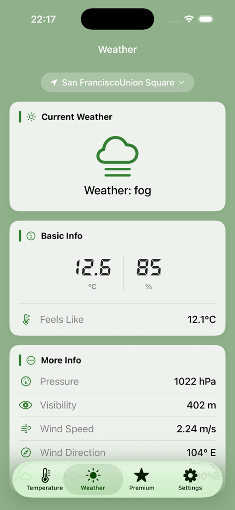 Thermometer - Digital Meter - Digital thermometer app interface showing fog icon and weather statistics for San Francisco