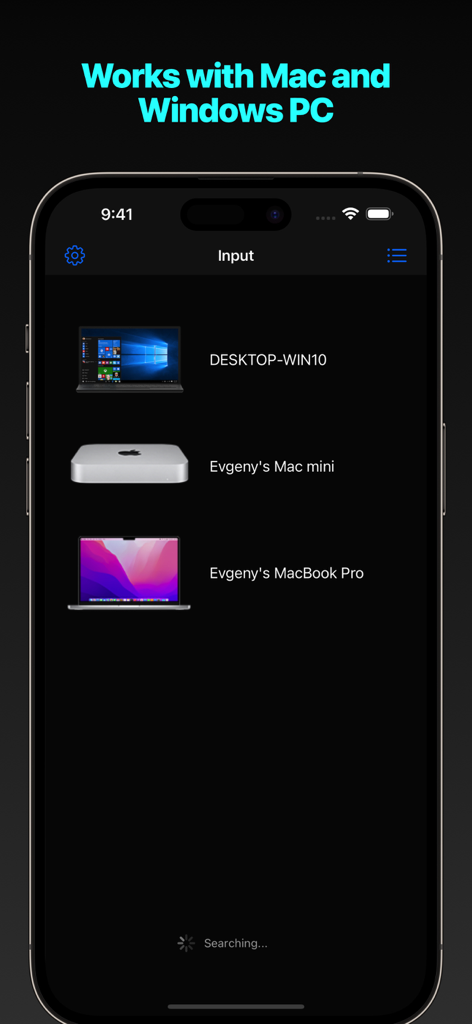 Mouse · Keyboard - Interface of Mouse · Keyboard app showing a list of available Mac and Windows PCs for remote connection