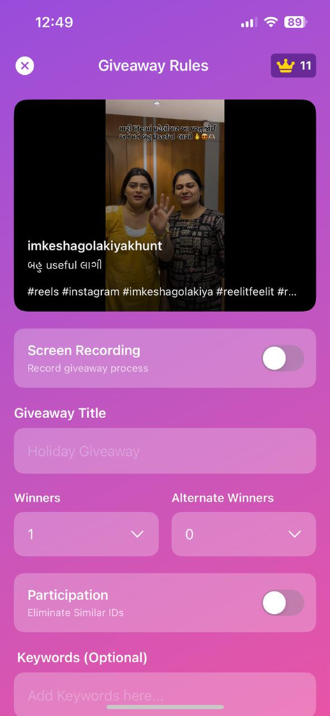 Epick - Comment Picker - Écran de l'application Epick pour définir les règles du concours, y compris le nombre de gagnants et les filtres de participation