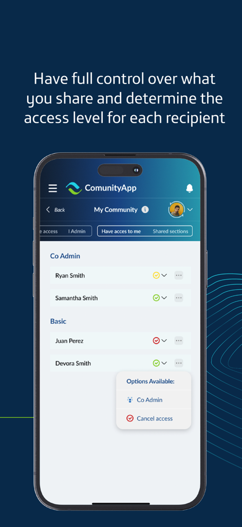ComunityApp interface for managing family access levels and sharing medical data
