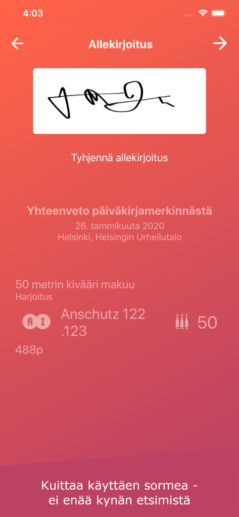 Ampuma - Digital signature and shooting session summary in the Ampuma app.