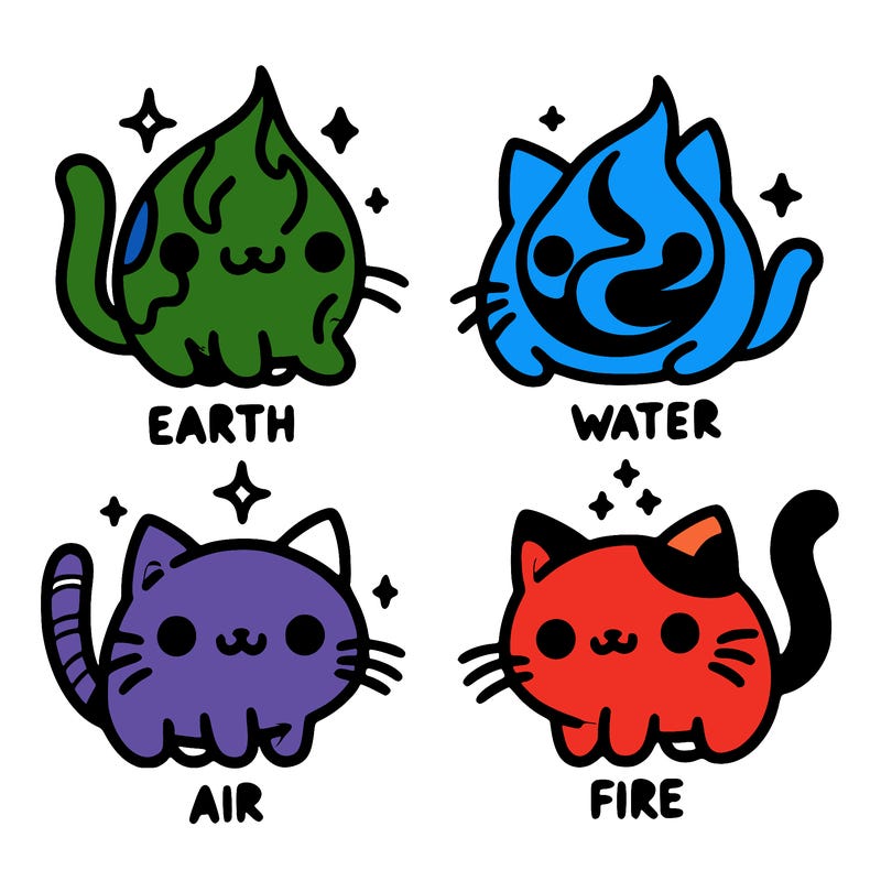 4 cats that represent the different elements, earth, water, air, and fire