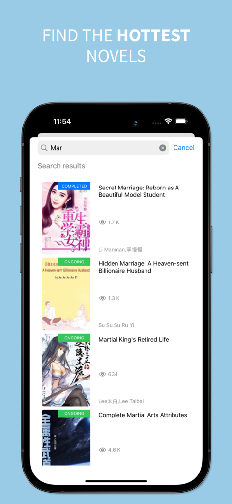NovelFull app search results page showing popular romance and martial arts web novels on an iPhone