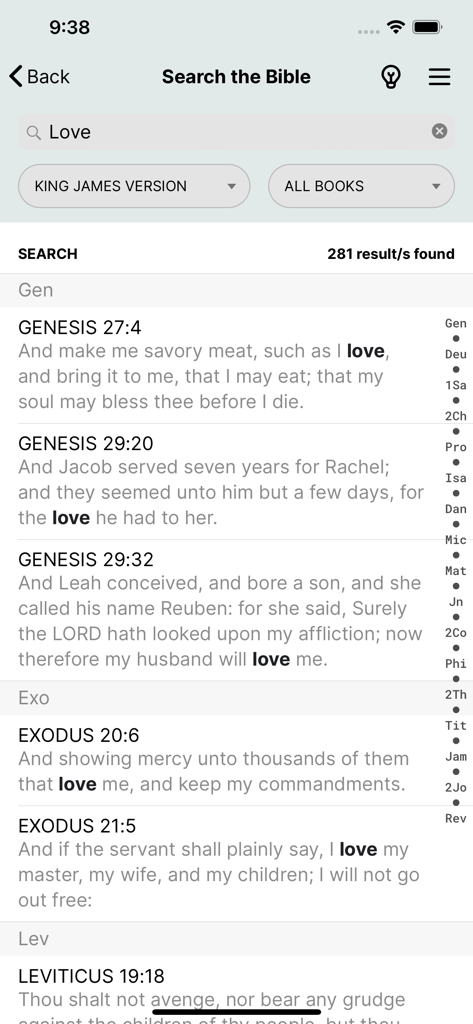 Digital Bible - Screenshot of the Digital Bible app showing search results for the word love in the King James Version