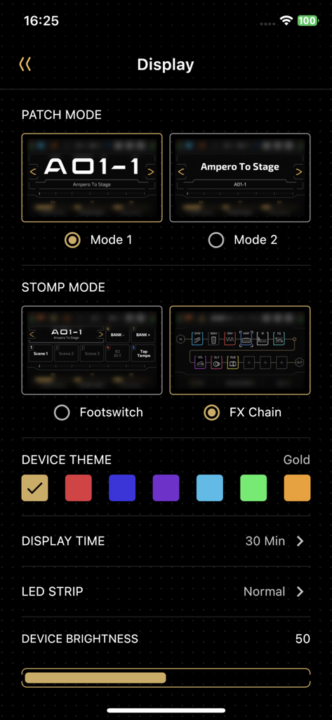 Bildschirmeinstellungen der Ampero II Stage App mit Patch-Modus, Stomp-Modus und Anpassungsoptionen für das Gerätedesign