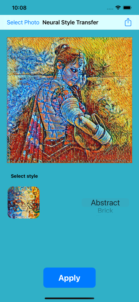 Neural Style Transfer - Neural Style Transfer app interface showing a photo transformed into an abstract painting.