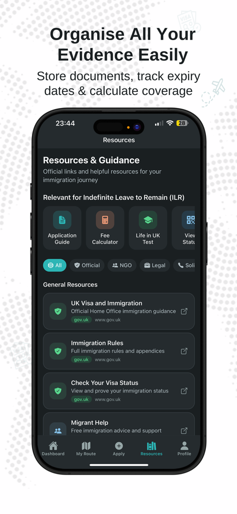 Visa Route Diary app screen displaying official UK immigration resources and guidance links including government websites and legal tools