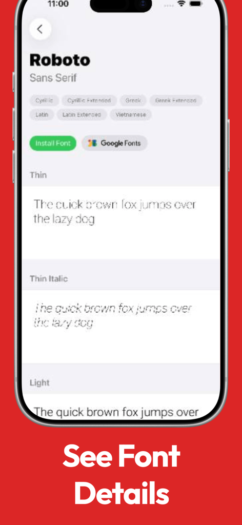 Fontastic - Install Fonts - Fontastic app screen displaying font details and style previews for Roboto