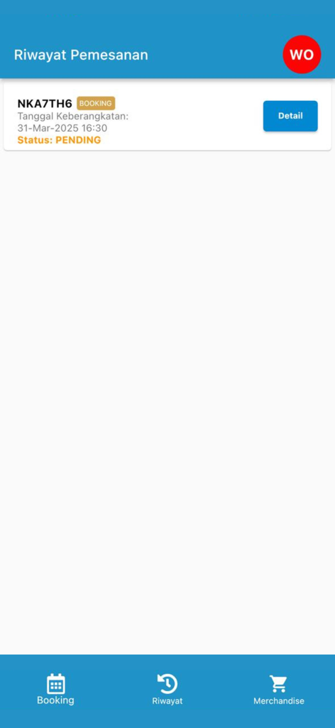 Sumber Alam - booking history screen showing a pending bus ticket in the sumber alam app