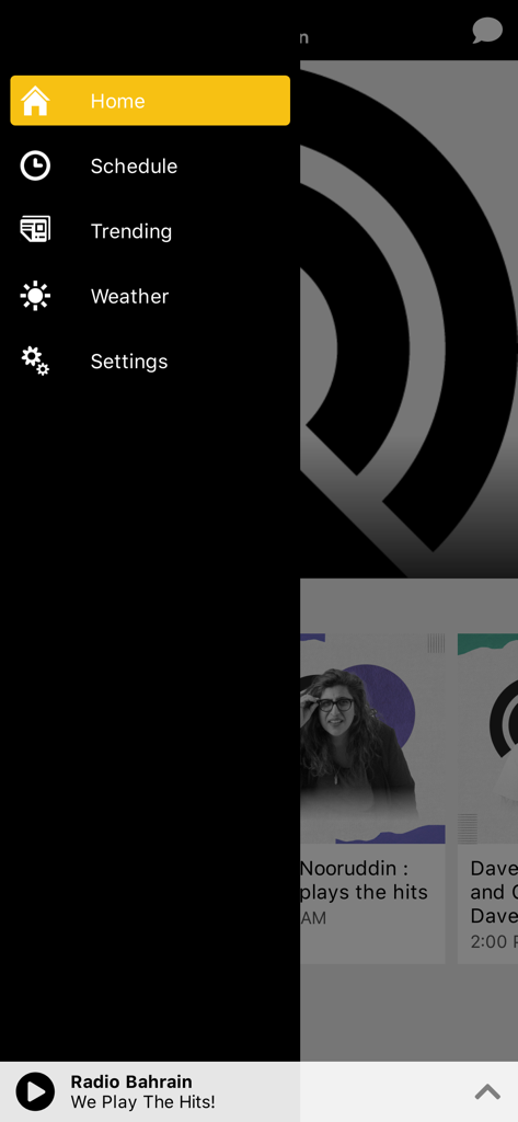 Radio Bahrain - Side navigation menu of the Radio Bahrain app showing options for Home Schedule Trending Weather and Settings