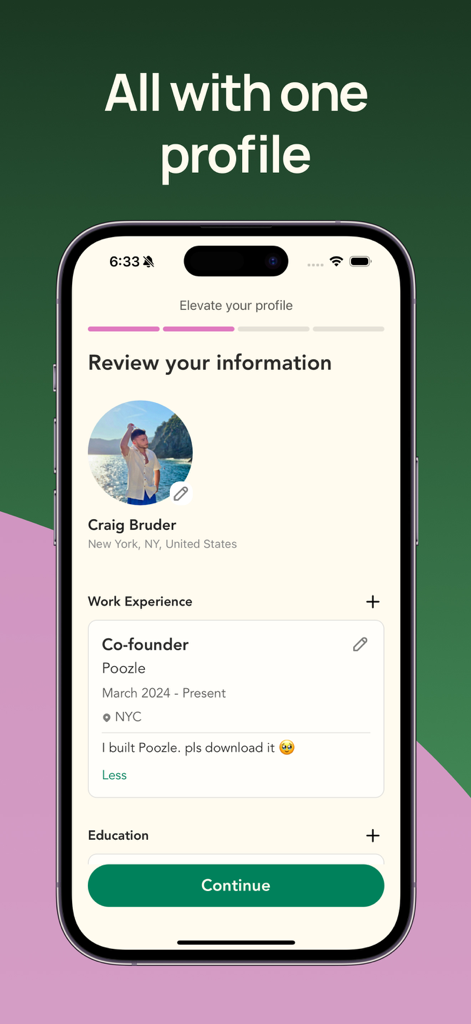 Poozle - AI Job Search - User profile review screen in the Poozle app showing work experience and profile details.