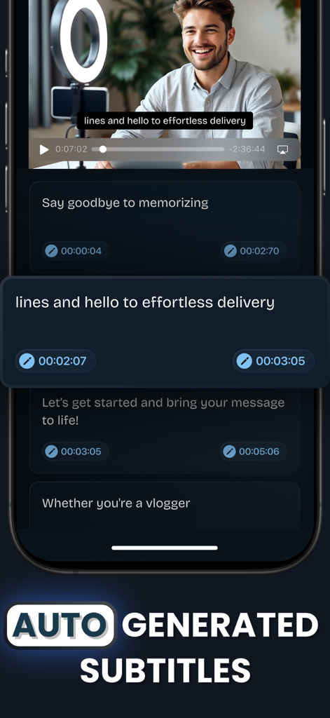 TeleP - Video Teleprompter - TeleP app screen showing auto generated video subtitles and transcription time segments